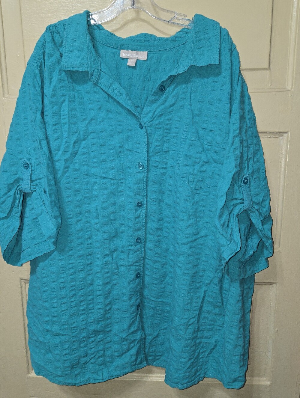 Woman Within Blue Tab Sleeve Button Down Short Sleeve Shirt GUC Size: 4X 34/36